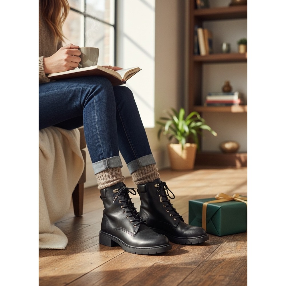 Coach Lorimore Black Leather Combat Boots Gold Hardware Lug Sole Womens 7.5